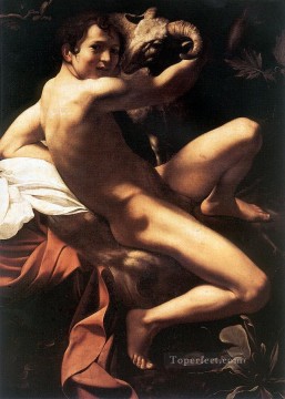 カラヴァッジョ Painting - 洗礼者聖ヨハネ青年とラム バロック カラヴァッジョ